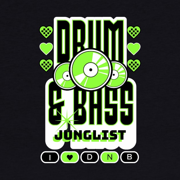 DRUM AND BASS  - 3 Records & Hearts Logo (White/Lime) by DISCOTHREADZ 